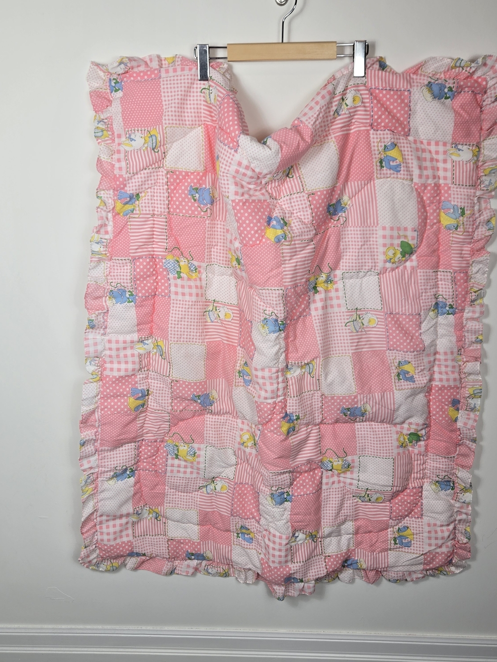 Vintage Baby Blanket Pink Patchwork Ruffle Nursery Cottagecore Storybook 43x35